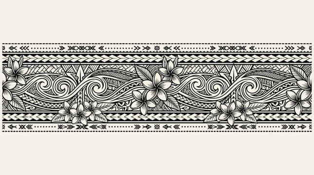 Polynesian Tribal Tattoo Border Vector Illustration Featuring Plumeria Flowers, Ocean Waves, and Intricate Maori Geometric Patterns for Horizontal Frame or Cultural Textile Design.