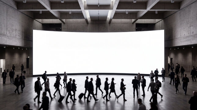 Mockup Modern conference hall with large blank screen and people walking