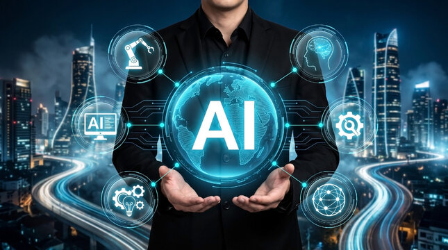 Businessman holding futuristic artificial intelligence AI globe hologram with industrial robotics, machine learning, and automation icons on smart city background.