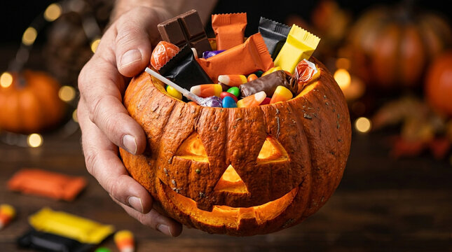 A man's hand holds a glowing Jack-o'-lantern pumpkin filled to the brim with candies and chocolate for Halloween.