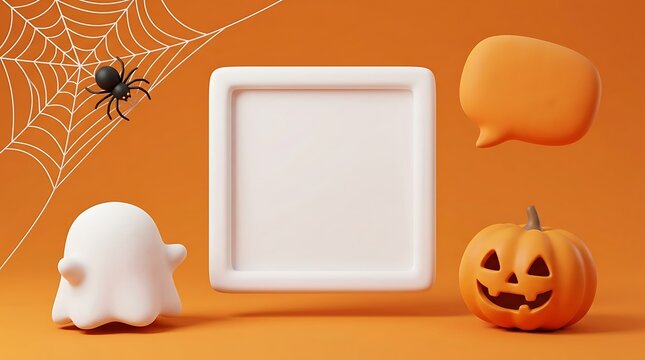 Halloween ghost pumpkin and spiderweb with blank frame