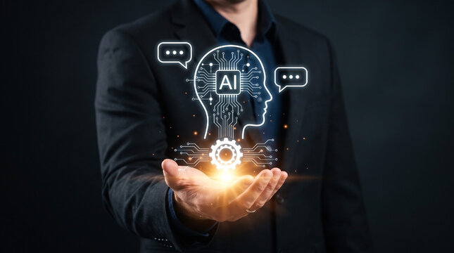 Businessman holding glowing artificial intelligence brain icon with digital circuit, chat bubbles, and gear, representing AI chatbot, machine learning, and automation technology concept.