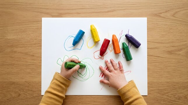 Child hands drawing with colorful crayons on white paper sheet over wooden desk