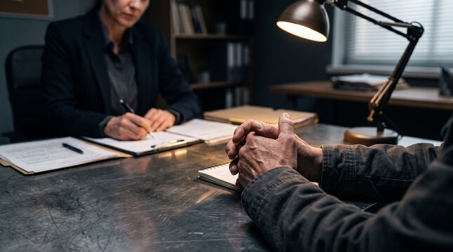 Police detective interviewing a suspect in a dimly lit interrogation room at night.