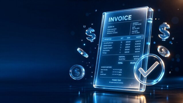 Translucent glass invoice document with readable line items glowing totals and floating checkmark icon
