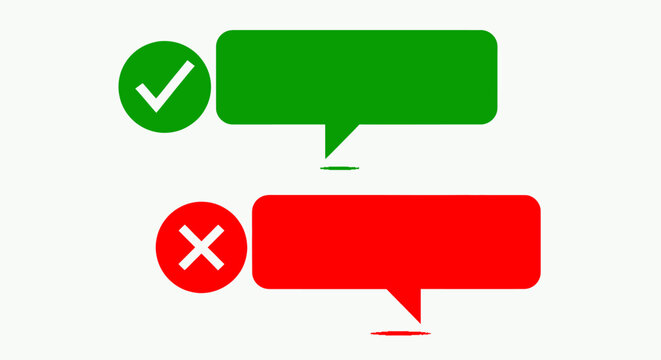 Green check mark and red cross speech bubbles representing approval and rejection in a concise dialogue icon set.