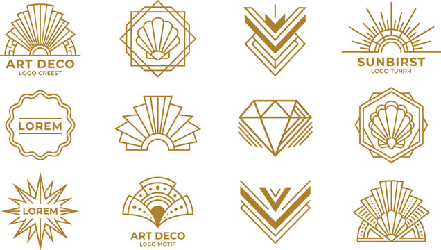 Art deco logo vector set featuring golden luxury geometric emblems sunburst designs diamond frames and seashell motifs on white background.