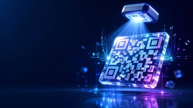 Translucent glass QR code payment block with glowing rectangular scan pattern plus floating approval seal