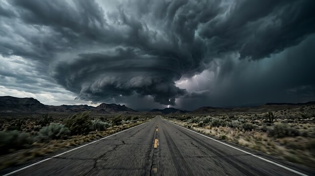 Storm clouds and lightning over desert highway