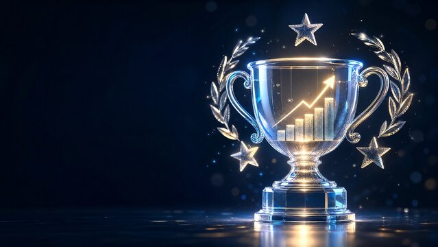 Translucent glass finance trophy cup with glowing golden achievement star plus floating celebration coin tokens