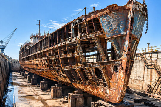 Rusted steel hull of an old ship in dry dock, textured metal peeling paint.