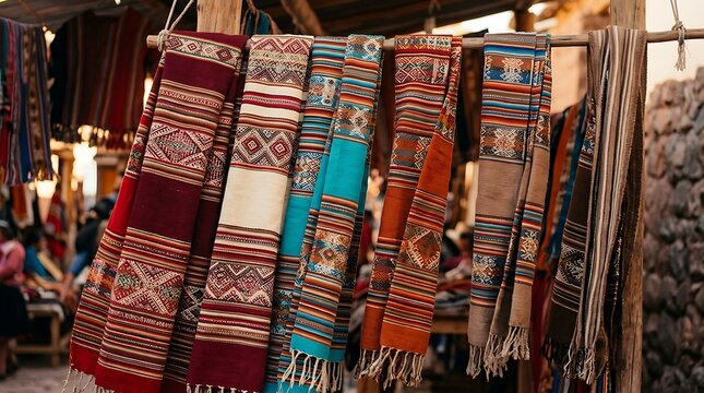Colorful patterned textiles hanging in outdoor market