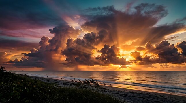 Sunset over ocean beach with clouds and sunrays