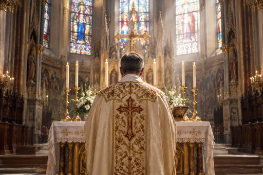 The back view of a priest in a grand church before an altar.