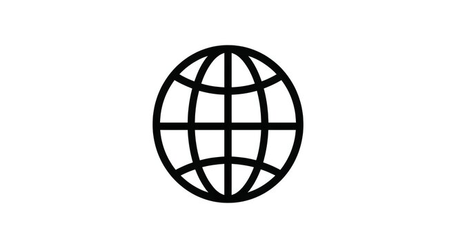 Minimalist black globe icon featuring simple grid lines on a clean white background