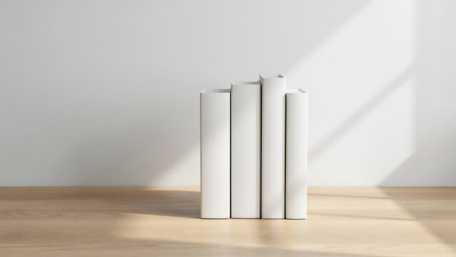 Minimalist stack of four blank white books standing upright on a light wooden table against a clean white wall with soft natural sunlight shadows