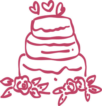 Hand drawn illustration of a three tier cake decorated with roses and hearts perfect for celebrations like weddings birthdays or anniversaries.