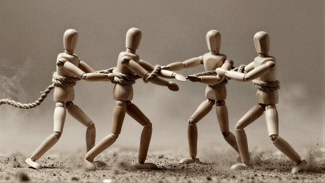 Wooden figures pull rope in dusty arena, symbolizing teamwork and struggle.