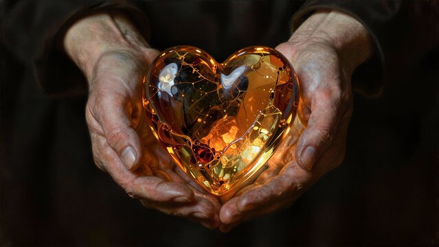Elderly hands cradle a glowing, amber heart filled with liquid light.
