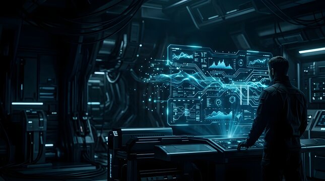 Futuristic astronaut working with glowing holographic interface in dark spacecraft command center