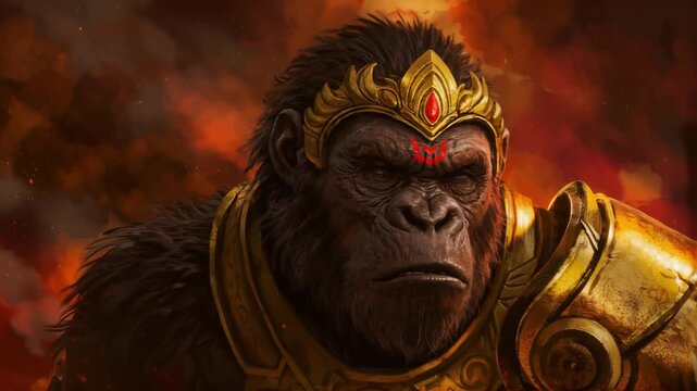 Majestic Armored Ape King with Crown Stares Intensely Against Fiery Explosion Backdrop Cinematic Fantasy Concept