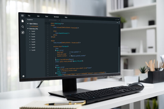 Software development programming on computer screen for brisk application and program coding