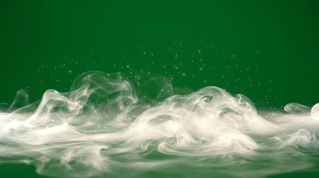 White smoke and sparkling particles on green background