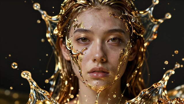 Golden liquid splashes around a woman's face against a dark background.
