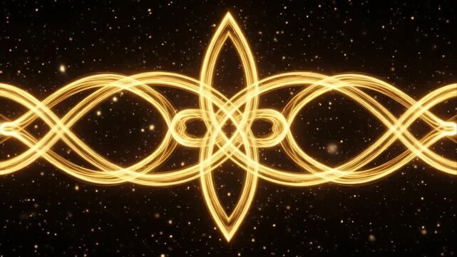 Symmetrical golden thread knotwork pattern with floating micro particles against dark backdrop