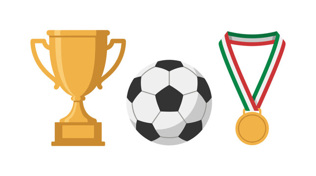 Sports Triumvirate: A golden trophy, a classic soccer ball, and a victory medal on a tri-colored ribbon represent the pinnacle of athletic achievement and competition.