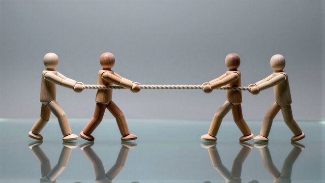 Wooden figures pull rope, symbolizing teamwork and competition on reflective surface.