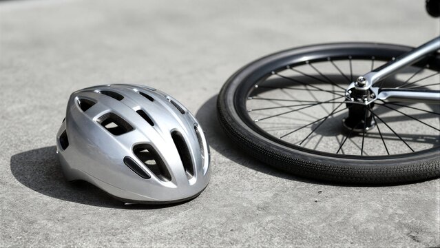 Silver helmet rests beside a bicycle wheel on concrete ground.