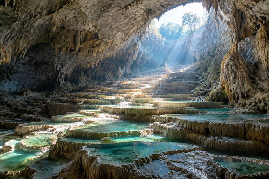 Vast limestone cave with massive stepped terraces carved by water, sunlight from high opening.