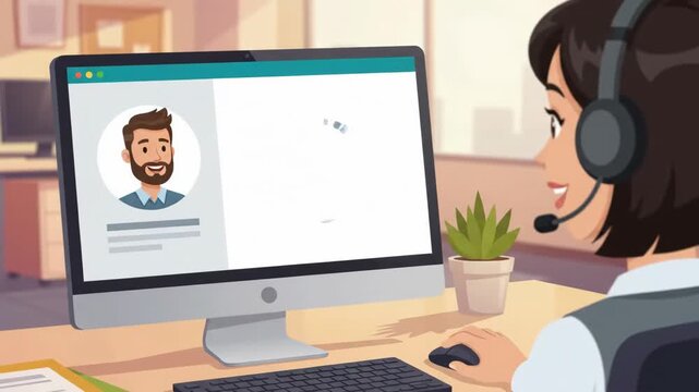 Cartoon Woman Call Center Agent Chatting Online, Receiving Approved Verification