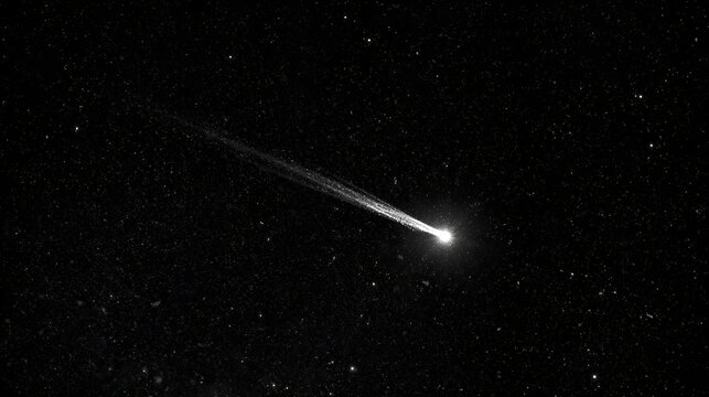 A bright comet with a long tail streaks across the dark starry expanse of space