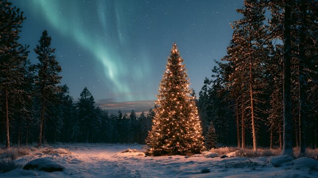 Decorated Christmas tree glows in snowy forest under the magical aurora borealis sky