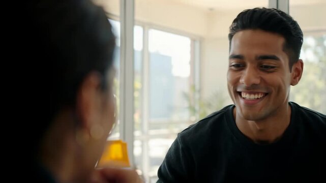 Man Smiling While Talking to Woman in Modern Indoor Setting Cinematic Close up Shot