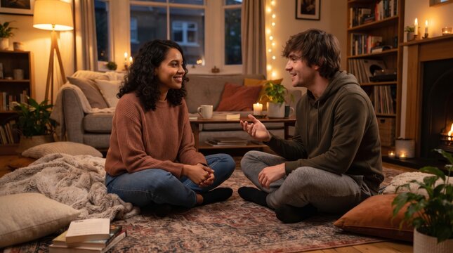 Young couple sitting on floor in cozy living room having conversation with cozy home life spending time domestic life