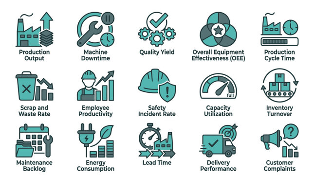 Manufacturing Key Performance Indicators KPI Icons Set for Industrial Management and Efficiency
