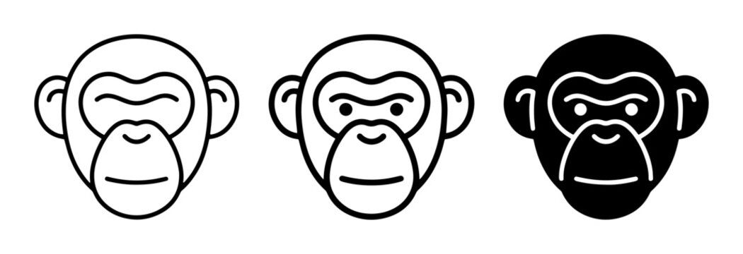 Monkey Face Icons, Primate Head Vector Graphics, Simian Character Emblems, Simple Line Art and Silhouette Styles