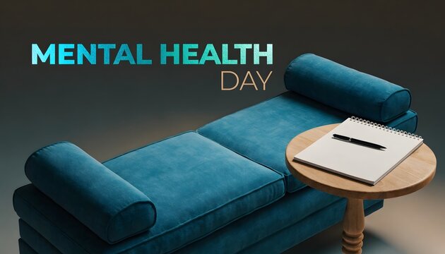 Classic blue therapy couch with a notebook on a side table in a professional office