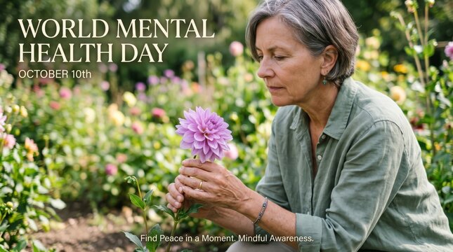A mature woman gently touching a purple flower in a garden for a world mental health day outdoor wellness moment with woman gardener
