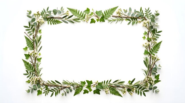 Green botanical leaves frame background on white with copy space