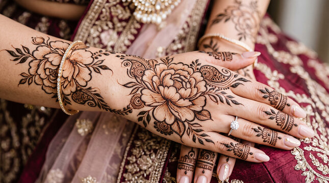 Intricate floral henna mehndi design on bride hand wearing traditional jewelry perfect for wedding ceremonies and cultural beauty fashion