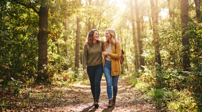 Two smiling friends walking together on a forest path during a sunny autumn day with friendship happiness lifestyle together