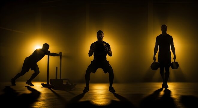 Silhouette of athlete doing heavy sled push, wall ball, and kettlebell swing in gym