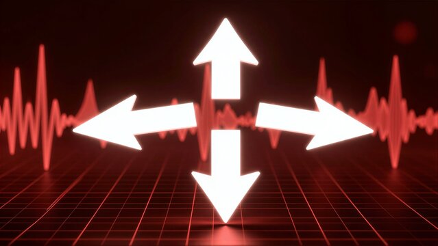 Red arrows radiate from a central point against a heartbeat waveform background.