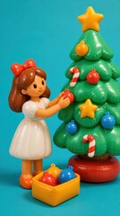 Fototapeta premium Cute toy girl decorating Christmas tree, perfect mobile wallpaper