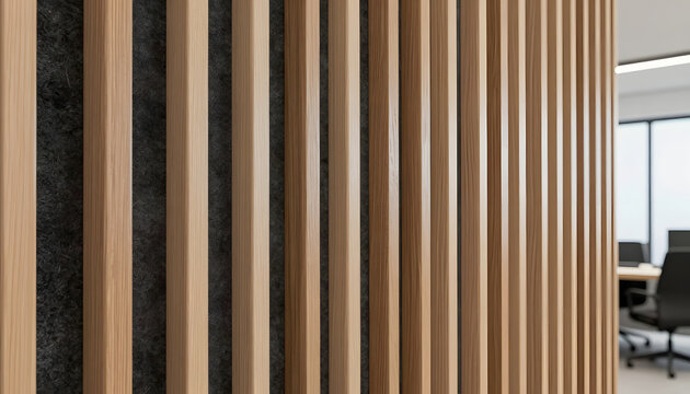 Modern office interior wall featuring vertical wooden slats and acoustic felt panels for soundproofing.