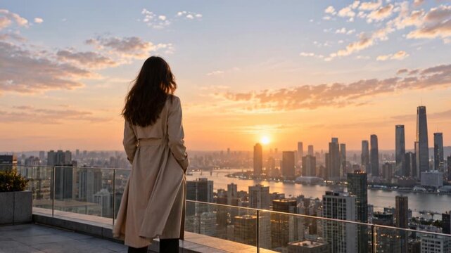 Woman viewing a city skyline from a rooftop at sunset